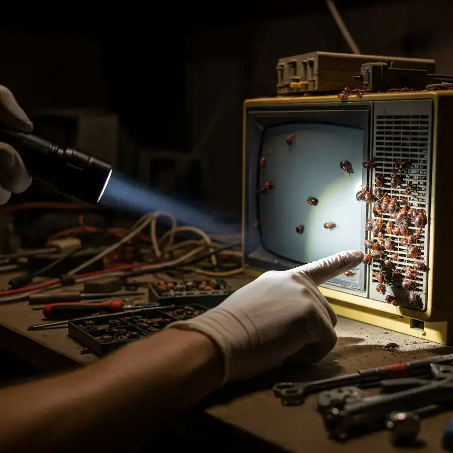 Close-up of hand shining light on bed bugs infesting a television ventilation grille in a cluttered, dark basement workshop.