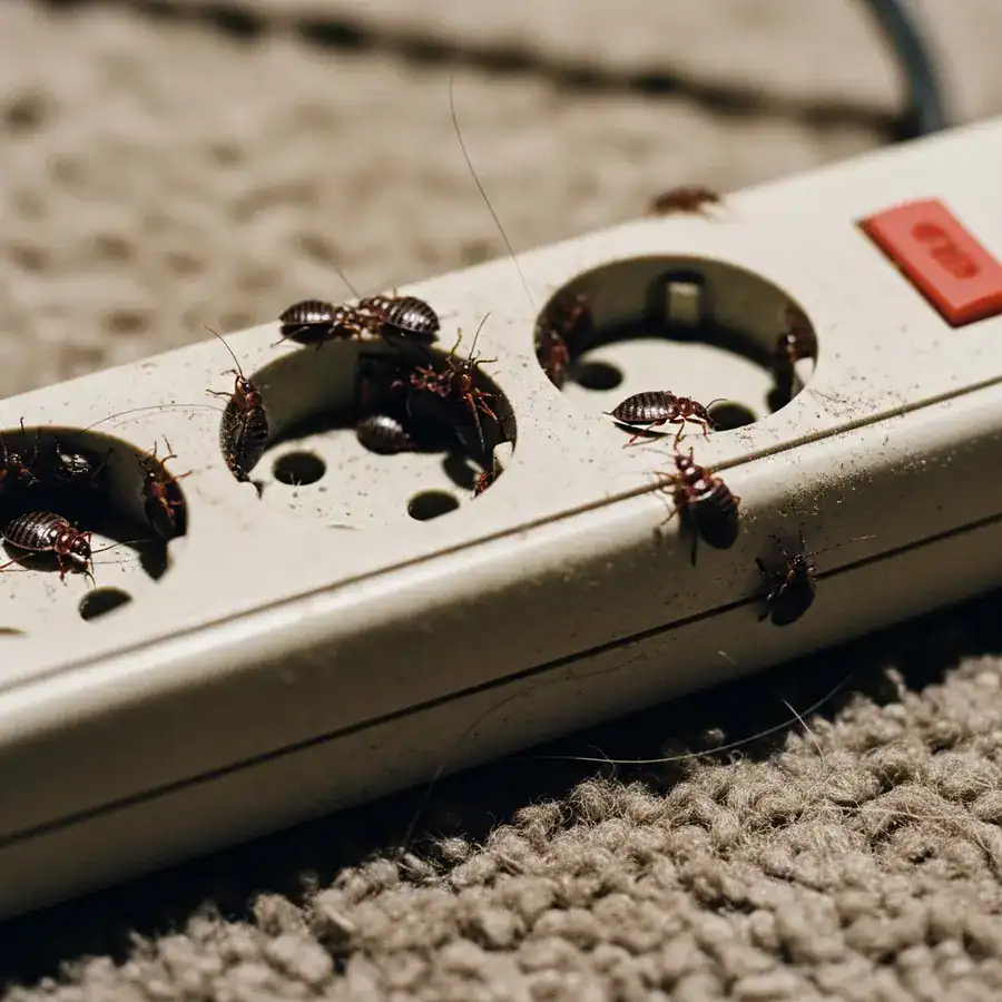 Close-up of bed bugs infesting a used TV vent. Flashlight reveals the infestation in a cluttered garage.