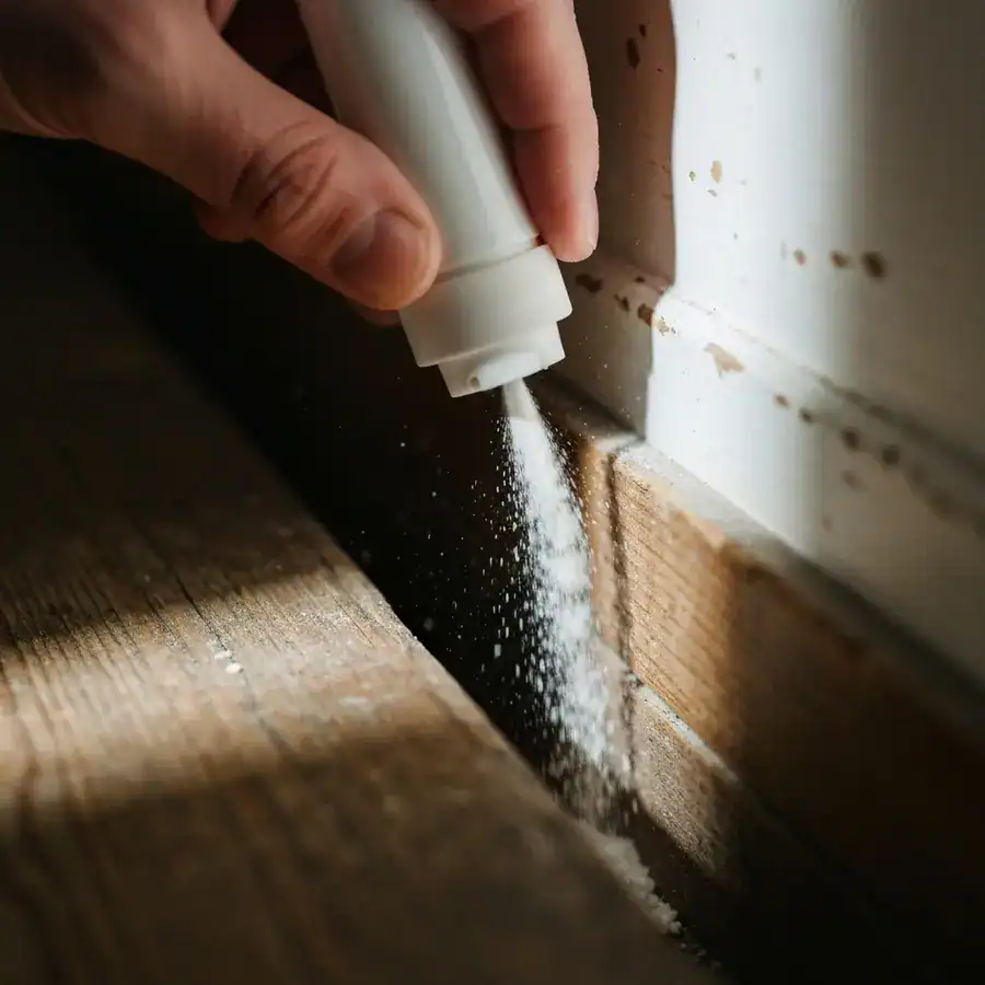 Close-up of a hand puffing white powder into a crack between a wood floor and a baseboard for indoor flea control.