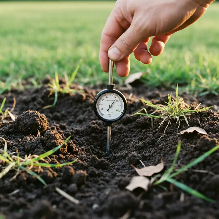 A hand pushes an analog soil thermometer into the damp ground of a lawn to measure its temperature before application.