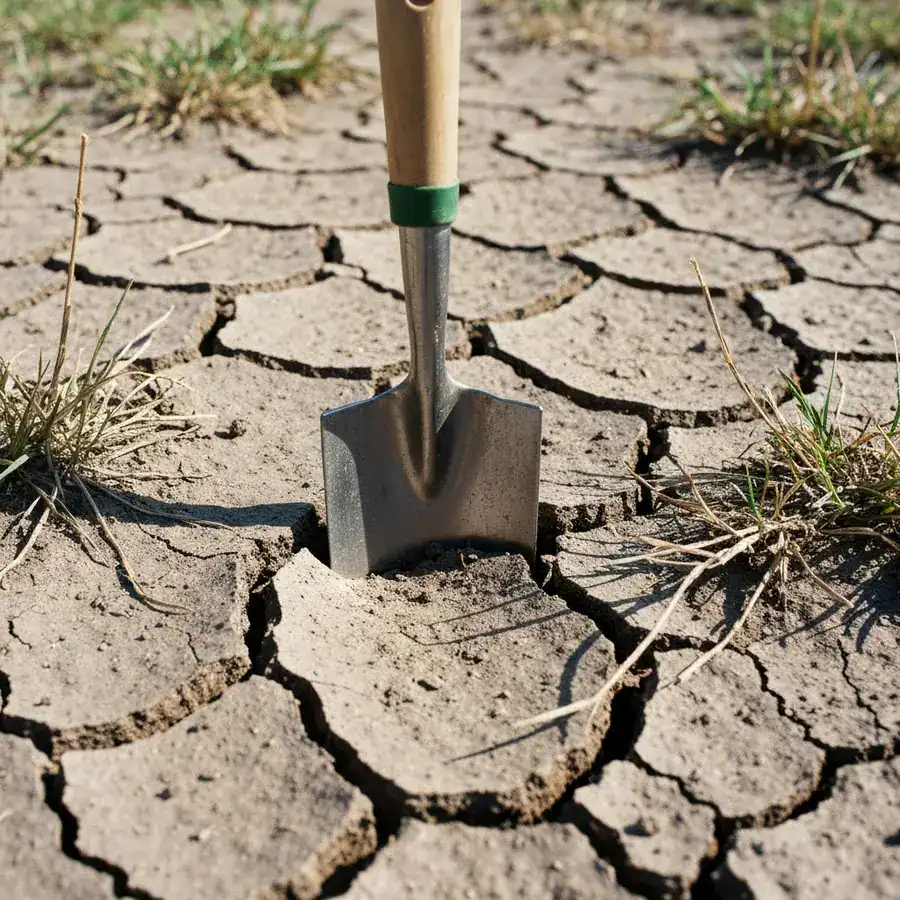 A garden trowel stuck in dry, cracked soil, showing a hostile environment where beneficial nematodes cannot survive.