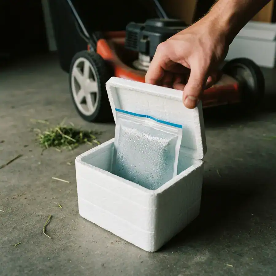 Close-up of an open insulated shipping container with a cold pack inside, sitting on a dusty garage floor next to a lawnmower.