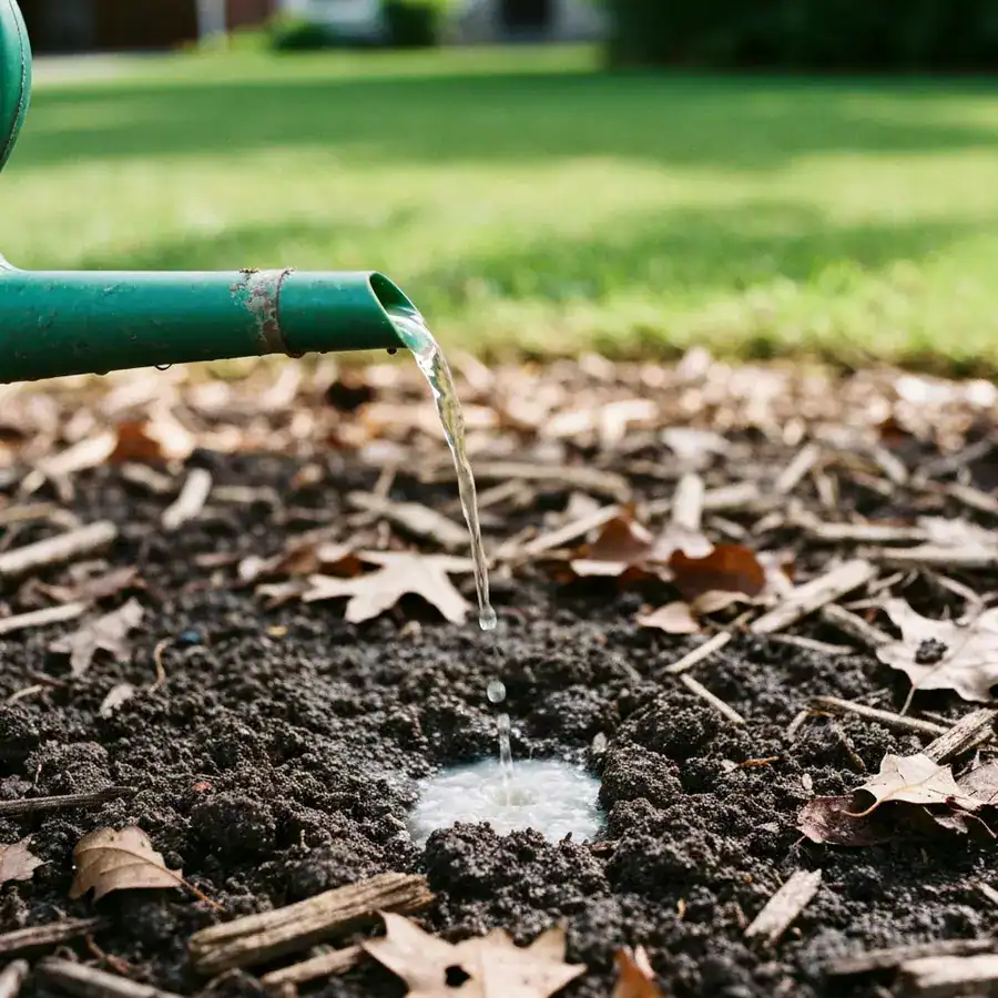 Close-up of a watering can spout pouring a milky nematode solution onto damp garden soil and mulch.