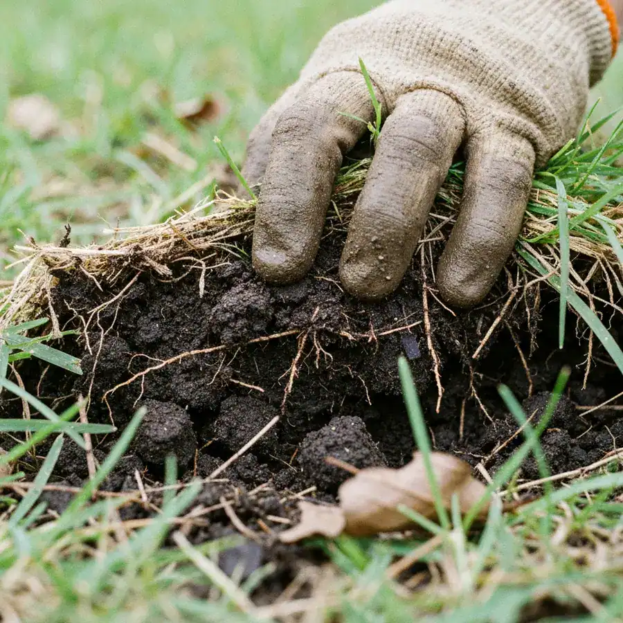 A close-up of a gloved hand pulling back damp mulch and grass to reveal the dark, rich soil where flea larvae develop.