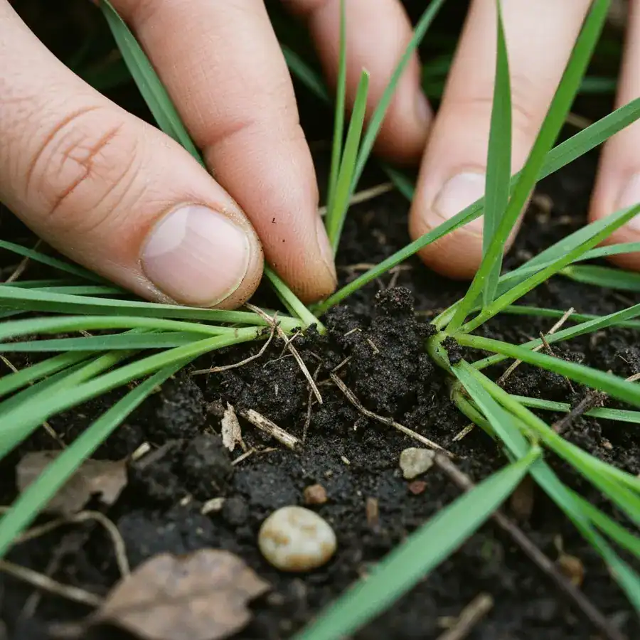 Fingers part blades of grass, showing the dark soil where nematodes hunt flea larvae.