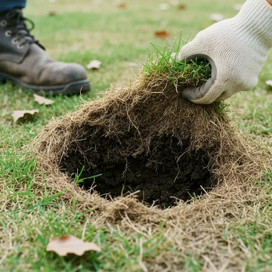 A gloved hand pulls back green grass to reveal a thick, matted layer of dead thatch on a lawn.
