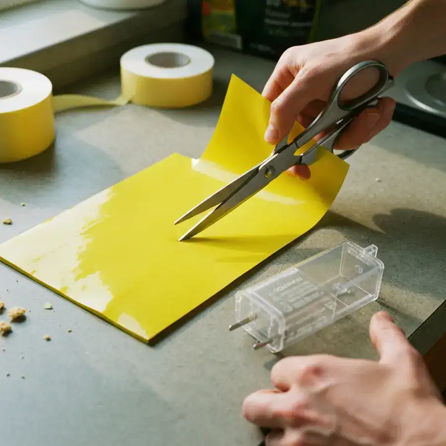 Hands trimming a generic yellow sticky pad with scissors next to a plastic trap housing on a kitchen counter.