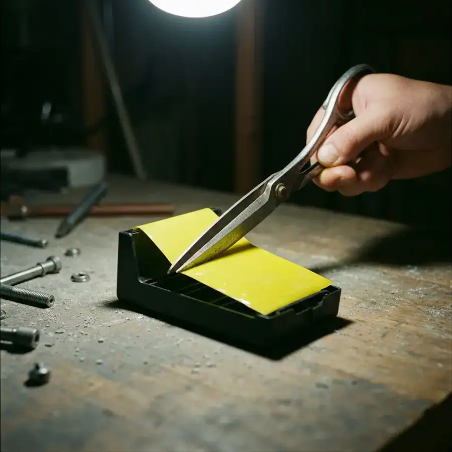 Metal scissors trimming a yellow sticky adhesive sheet on a dusty, cluttered wooden workbench.