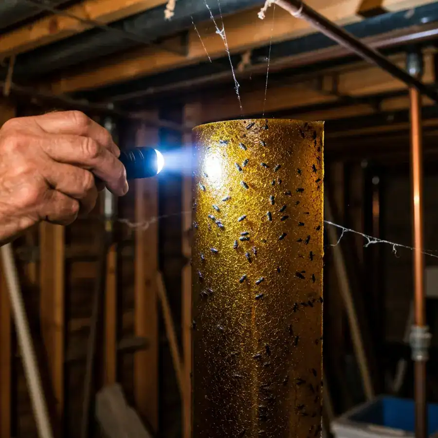 Close-up of a sticky fly trap roll covered in insects hanging in a dusty basement under a flashlight beam.
