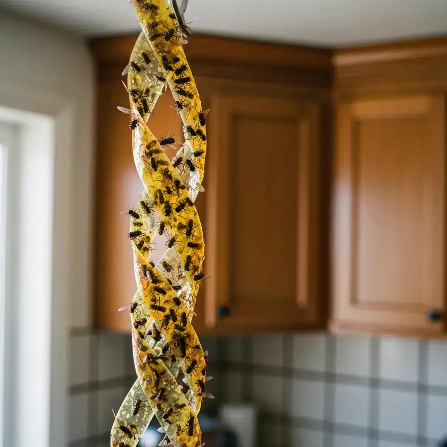 Close-up of a sticky fly ribbon covered in dead insects hanging in a residential kitchen with soft-focus cabinets.