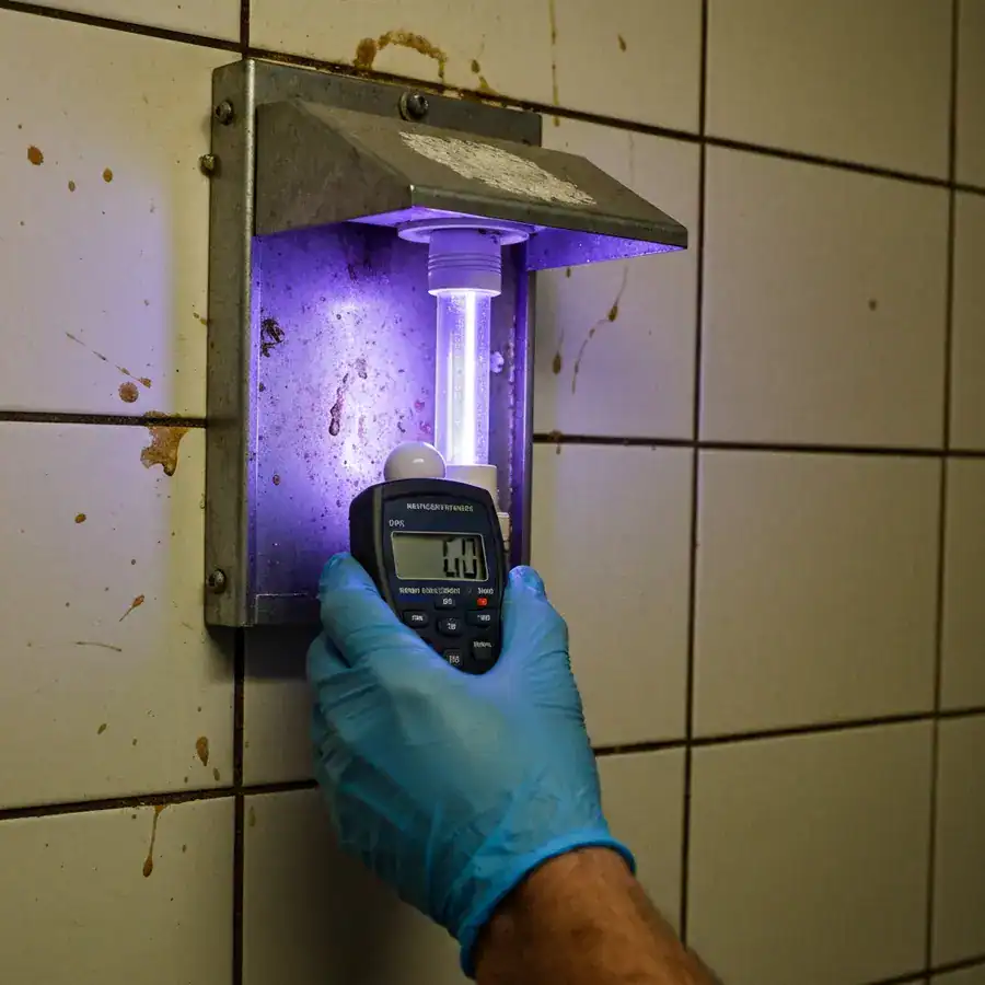 Gloved hand holding a light meter against a glowing UV fly trap bulb on a grimy commercial kitchen wall.