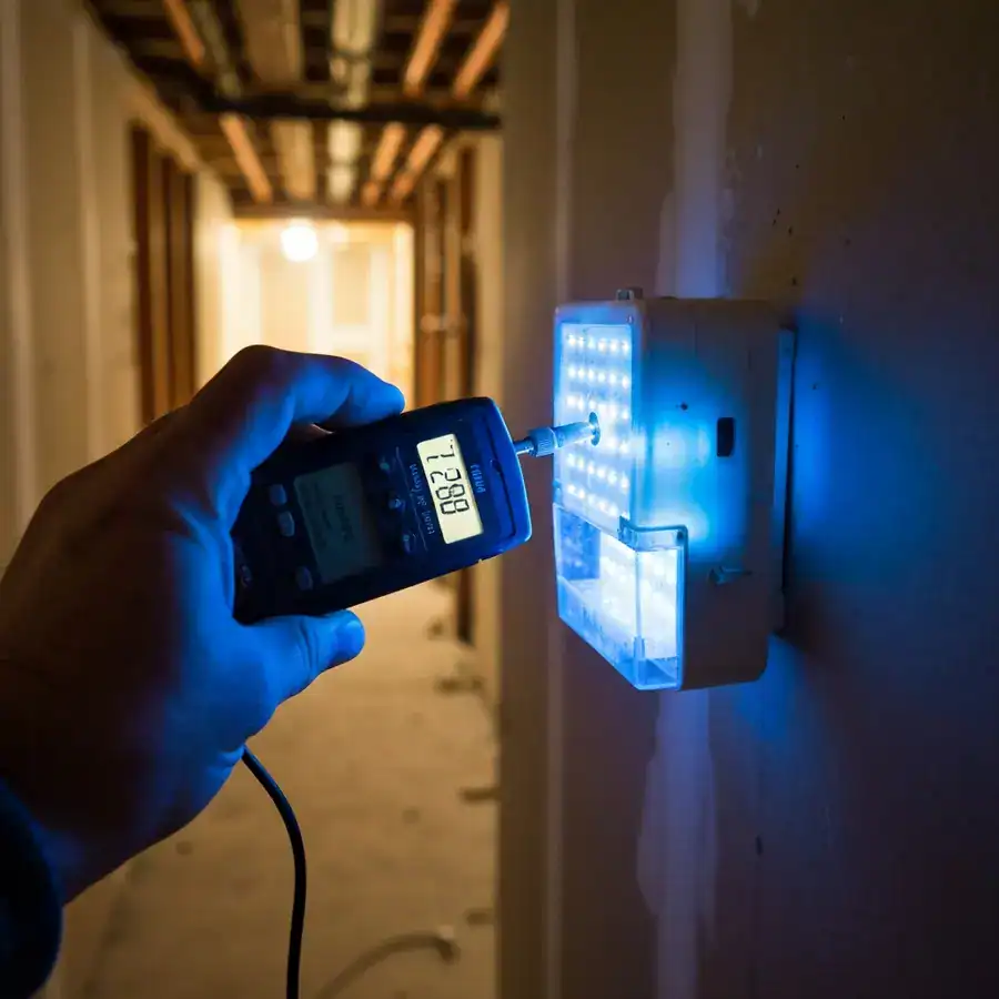 Close-up of a technician's hand measuring the blue light of a fly trap in a dark, dusty basement corridor.