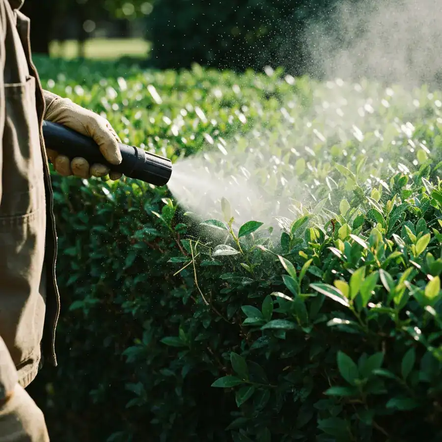 Close-up of mist blower air flipping leaves to coat the underside within a dense garden shrub.