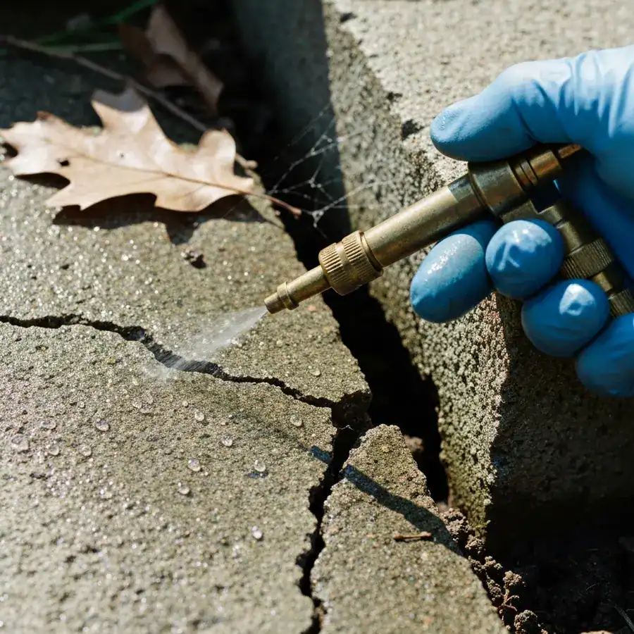 Gloved hand spraying liquid insecticide into a cracked concrete foundation near damp soil and garden debris.