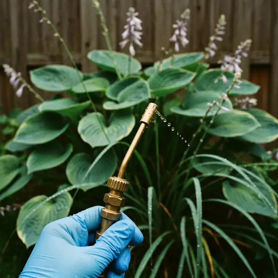Nitrile-gloved hand adjusting a brass sprayer nozzle near a dense thicket of damp backyard garden foliage.