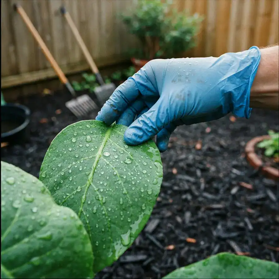 Gloved hand inspecting water droplets on a garden leaf after a rainstorm in a lush, damp backyard.