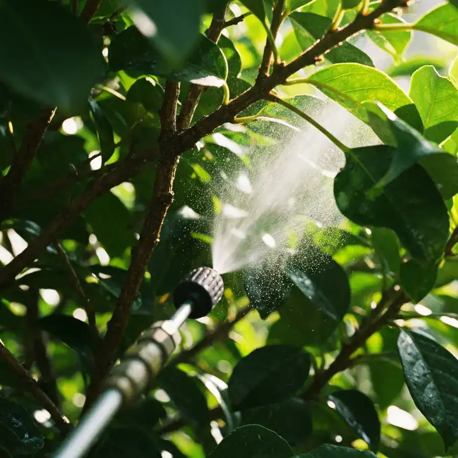 Close-up of a spray nozzle misting the undersides of dense shrub leaves in a garden.