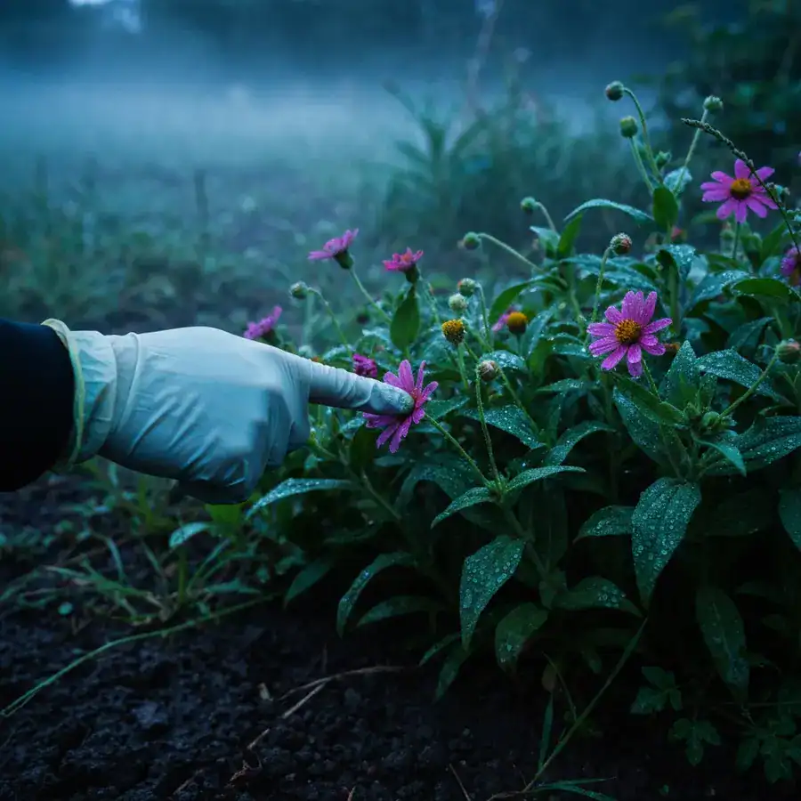 Gloved hand pointing at a blooming wildflower in a garden during an early morning safety inspection.
