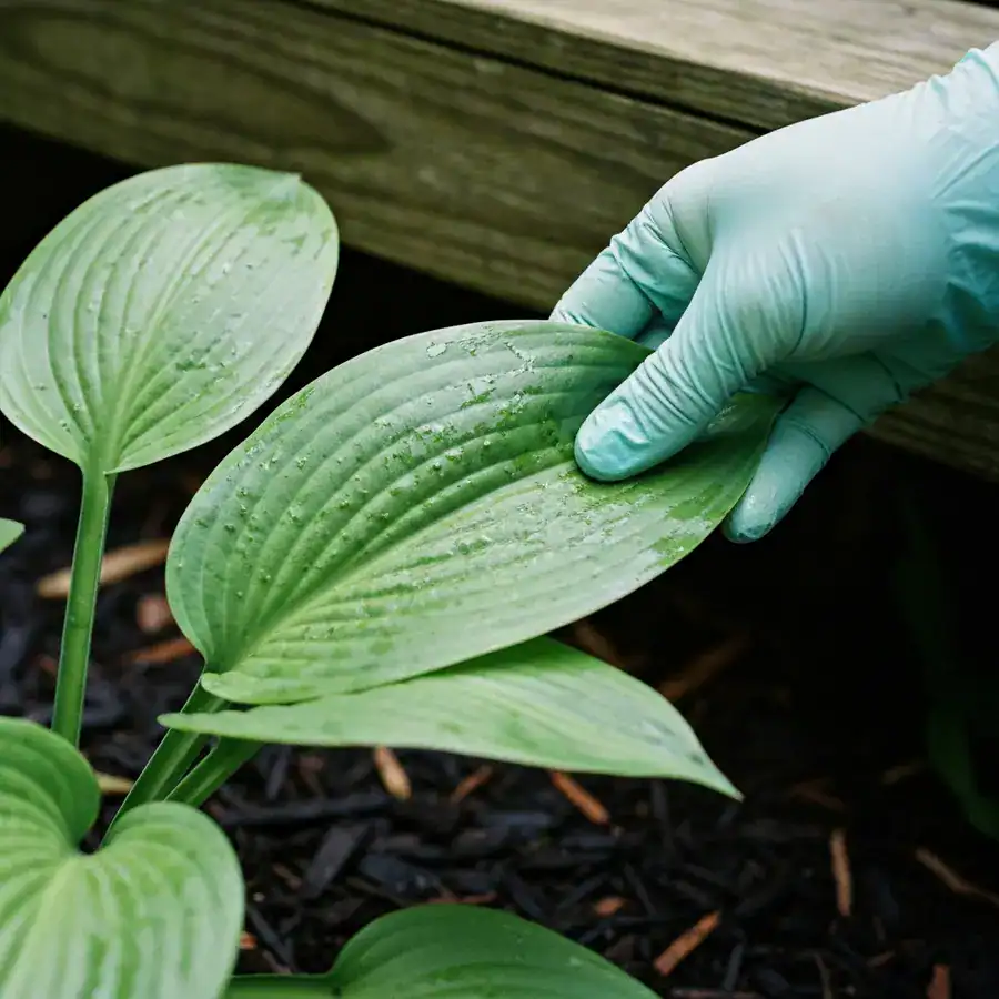 Nitrile-gloved hand inspecting the damp underside of a hosta leaf for residual spray in a shaded garden.