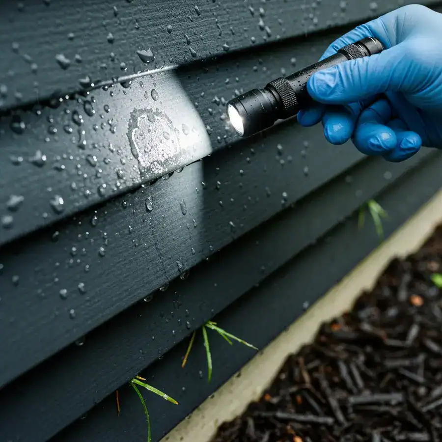 Gloved hand inspecting a faint polymer residue on dark vinyl siding using a flashlight after a heavy rain.