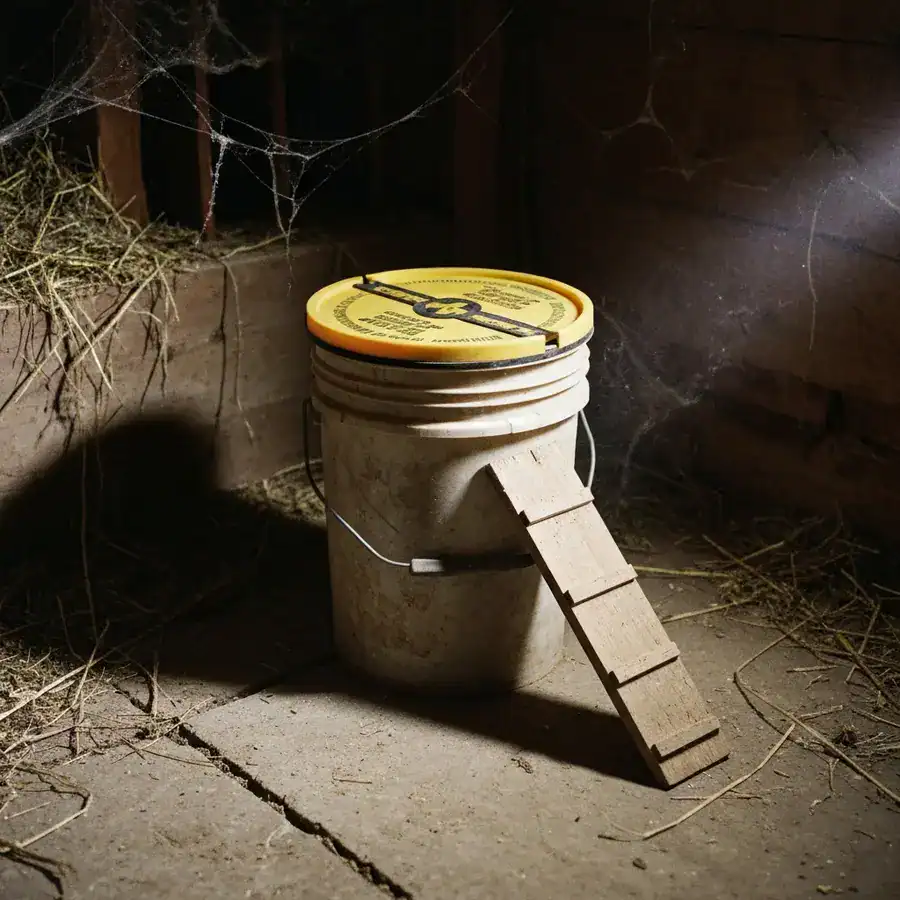 Flip N Slide bucket trap lid with a wooden ramp sitting on a dusty concrete floor in a dimly lit barn corner.