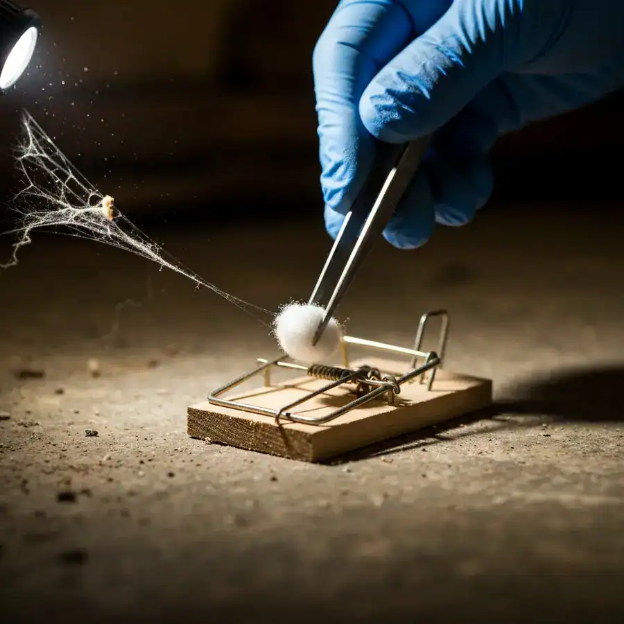 Gloved hands attaching a cotton ball to a mouse trap trigger on a dusty concrete floor.