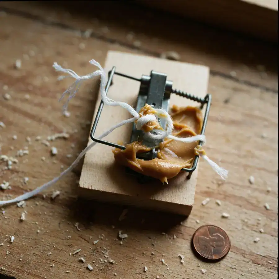 Close-up of dental floss tied to a snap trap trigger with peanut butter on a dusty plywood workshop floor.