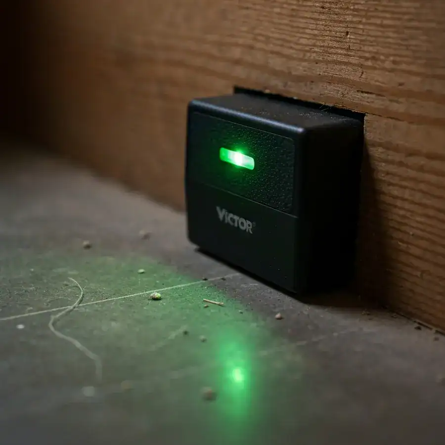 Electronic mouse trap with a glowing green LED indicator light against a dusty basement baseboard.