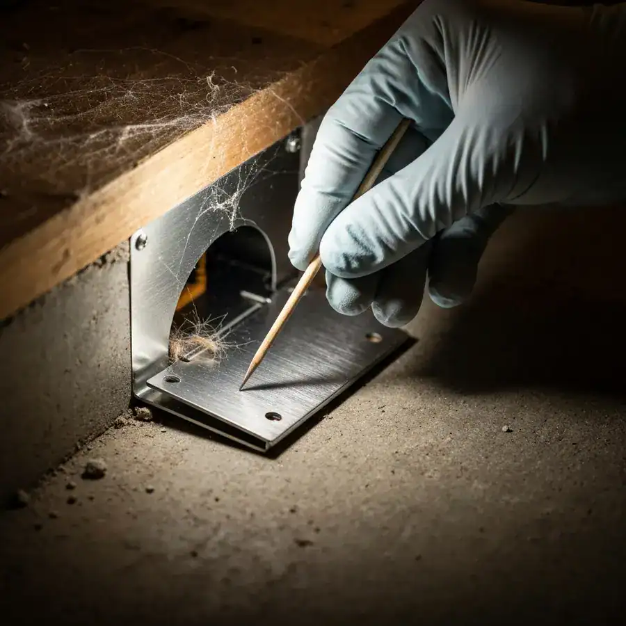 Gloved hand inspecting the metal plates of an electronic trap on a dusty, unfinished concrete basement floor.