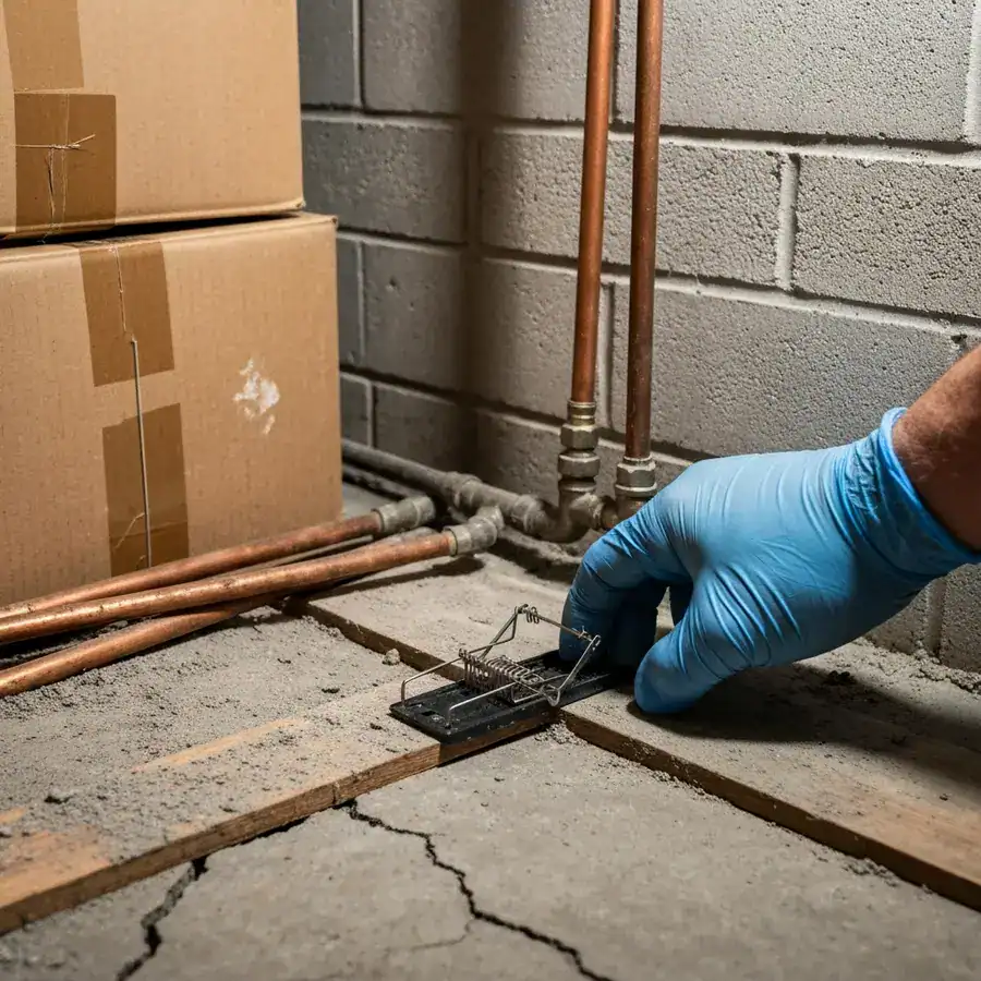 Gloved hand setting a high-tension snap trap against a dusty basement floorboard near copper pipes.