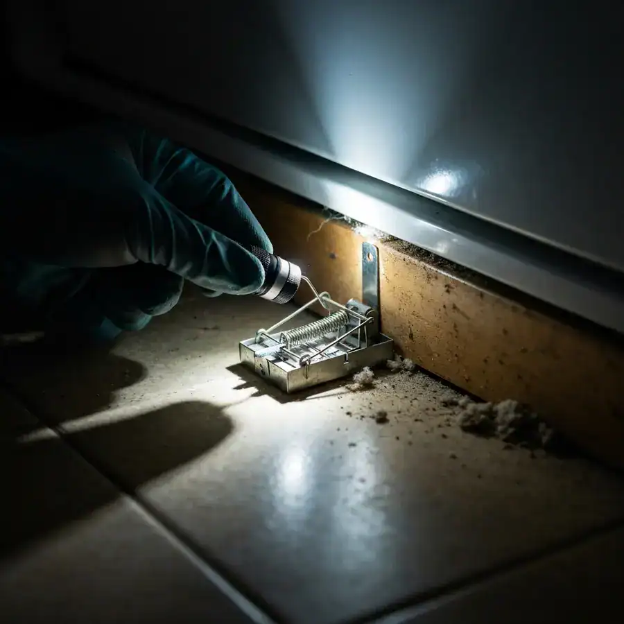 Gloved hand setting a high-tension mechanical trap in a dusty, dark corner behind a kitchen appliance.