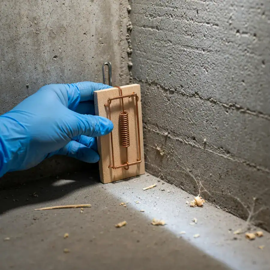 Wooden snap trap placed perpendicular to a dusty concrete wall in a dark, unfinished basement corner.