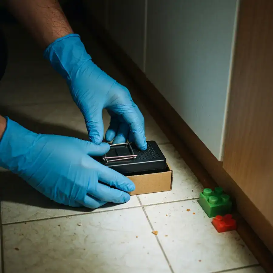 Gloved hands installing a black electric trap inside a protective box on a dusty floor near a stray toy.
