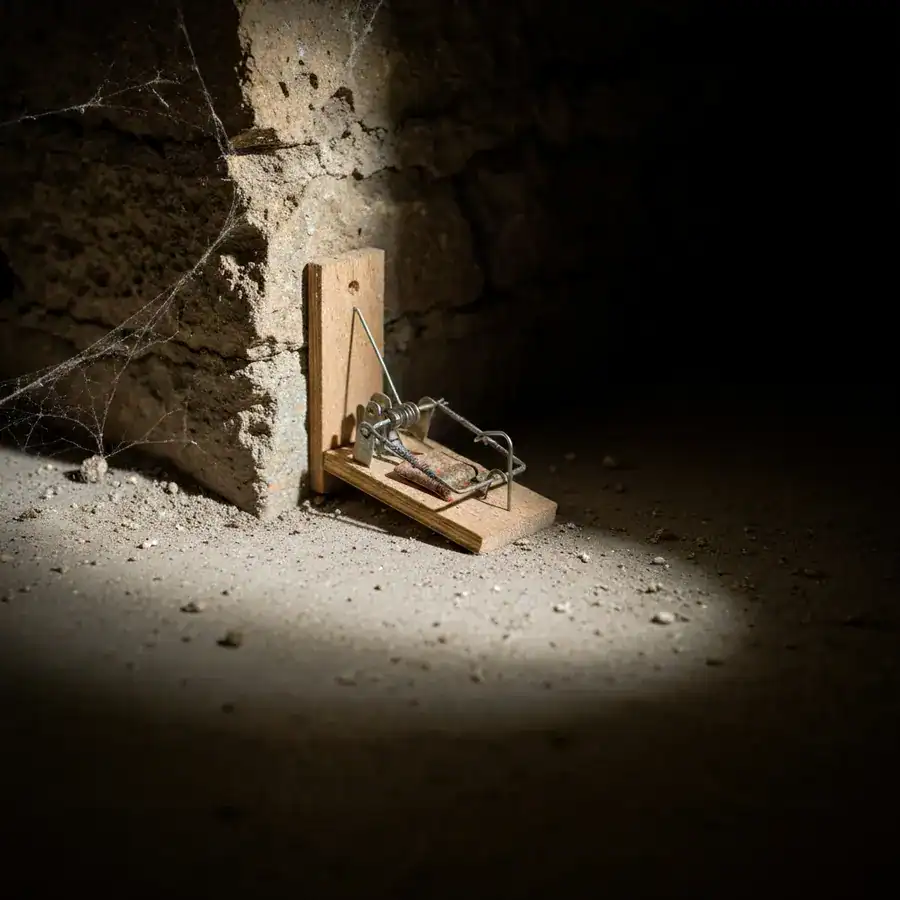 Snap trap being placed along a dusty basement wall near a stone foundation and cobwebs in low light.