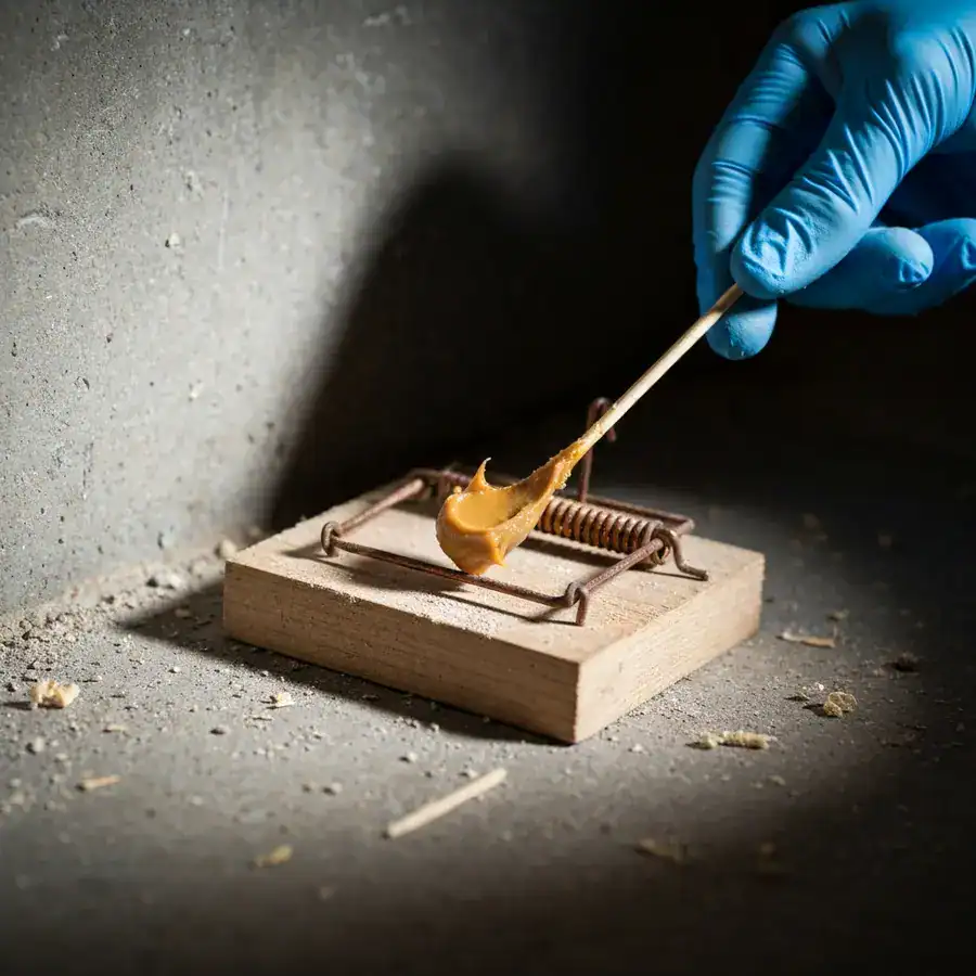 Gloved hand applying peanut butter to a wooden snap trap trigger on a dusty, unfinished concrete basement floor.