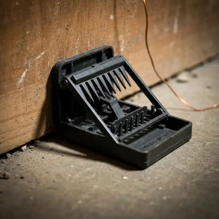 Close-up of a plastic Tomcat mouse trap with interlocking teeth set on a gritty basement floor against a baseboard.