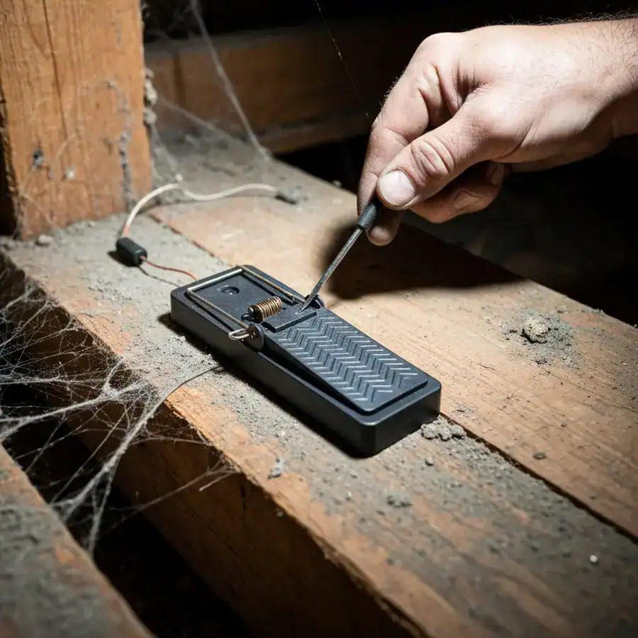 Technician's hand inspecting a weight-calibrated trap pedal in a dusty, dimly lit crawlspace.