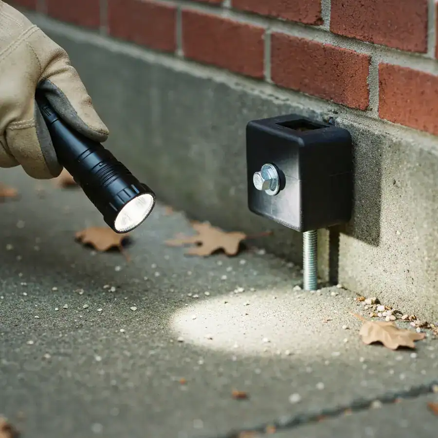 Close-up of a black bait station anchored with a steel bolt to a concrete foundation next to a brick wall.