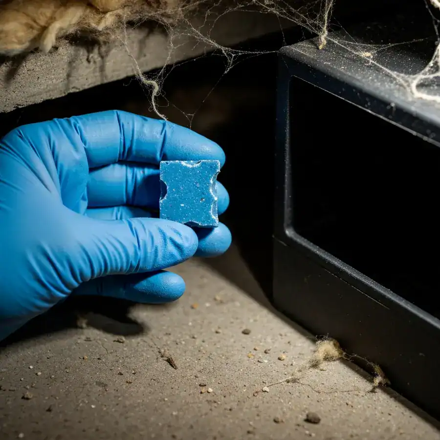 Gloved hand holding a gnawed blue bait block near a black plastic station in a dusty crawlspace.