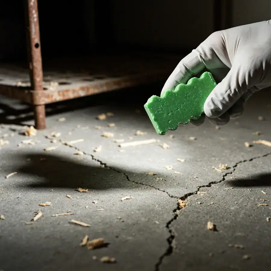 Gloved hand holding a green neurotoxin bait block over a dusty, cracked concrete basement floor.