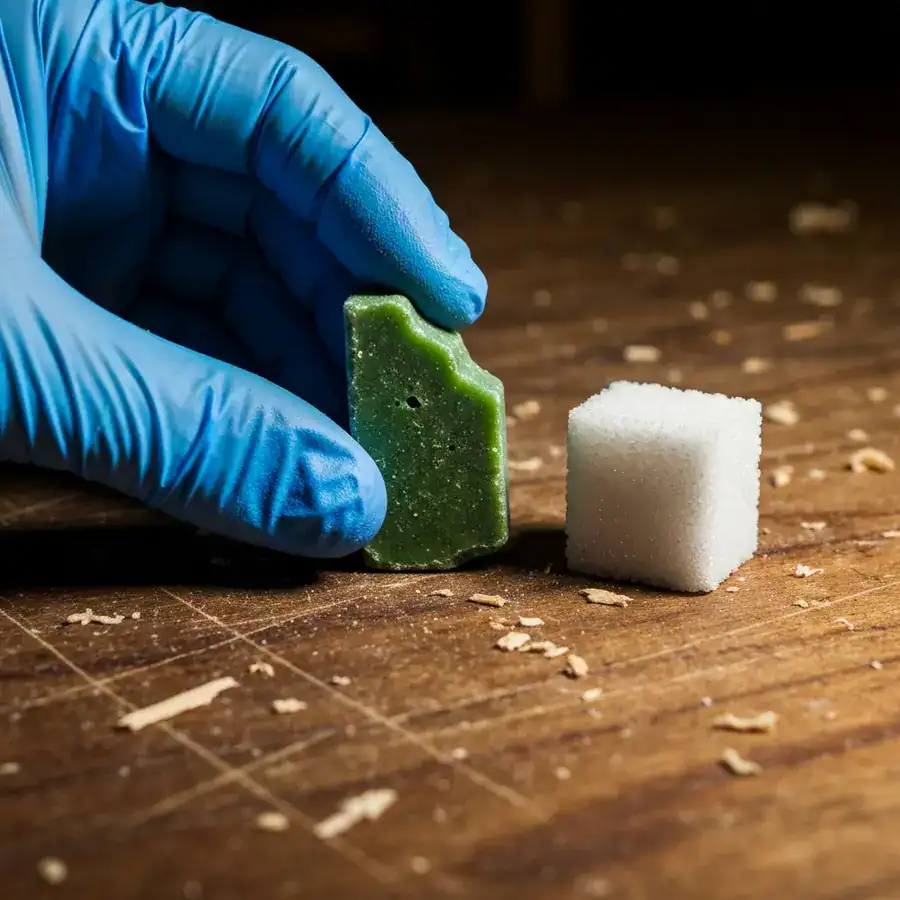 Gloved hand comparing a green poison bait block to a sugar cube on a dusty workbench.