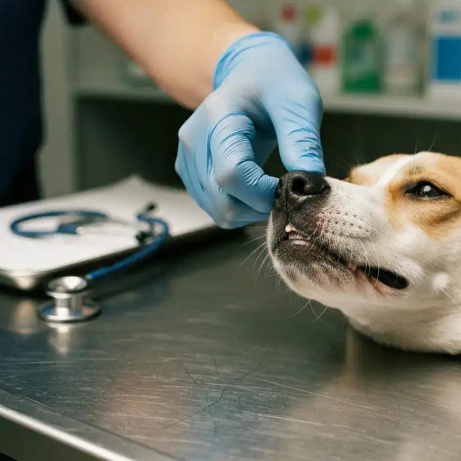 Close-up of a gloved hand lifting a pet's lip to reveal pale gums on a stainless steel veterinary exam table.