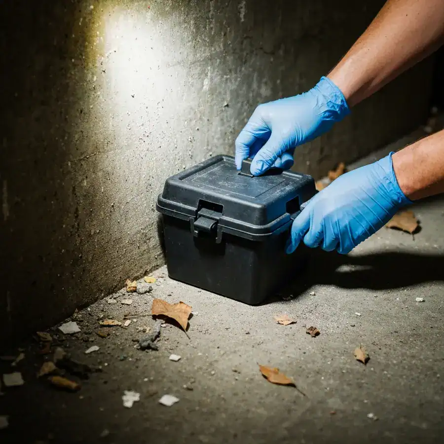 Gloved hands locking a black tamper-resistant bait station against a concrete wall in a dusty basement.