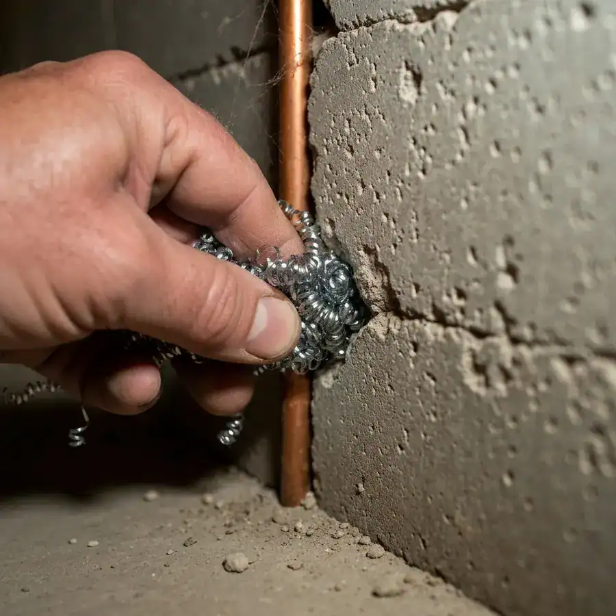 Close-up of steel wool being packed into a wall gap to create a rodent-proof barrier in a home basement.
