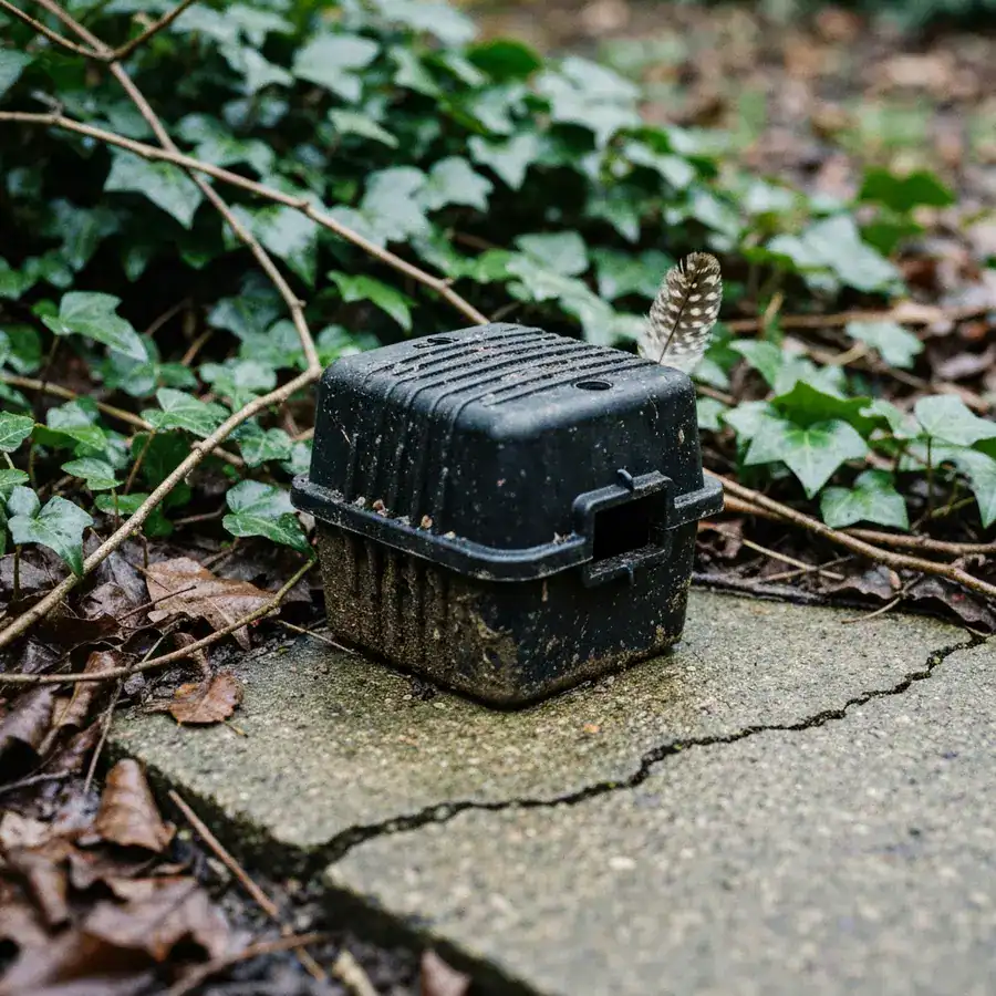 Weathered tamper-resistant bait station bolted to concrete amidst damp leaves and overgrown garden ivy.