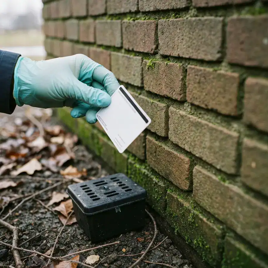 Gloved hand holding a certification card near a bait station at a weathered brick building perimeter.
