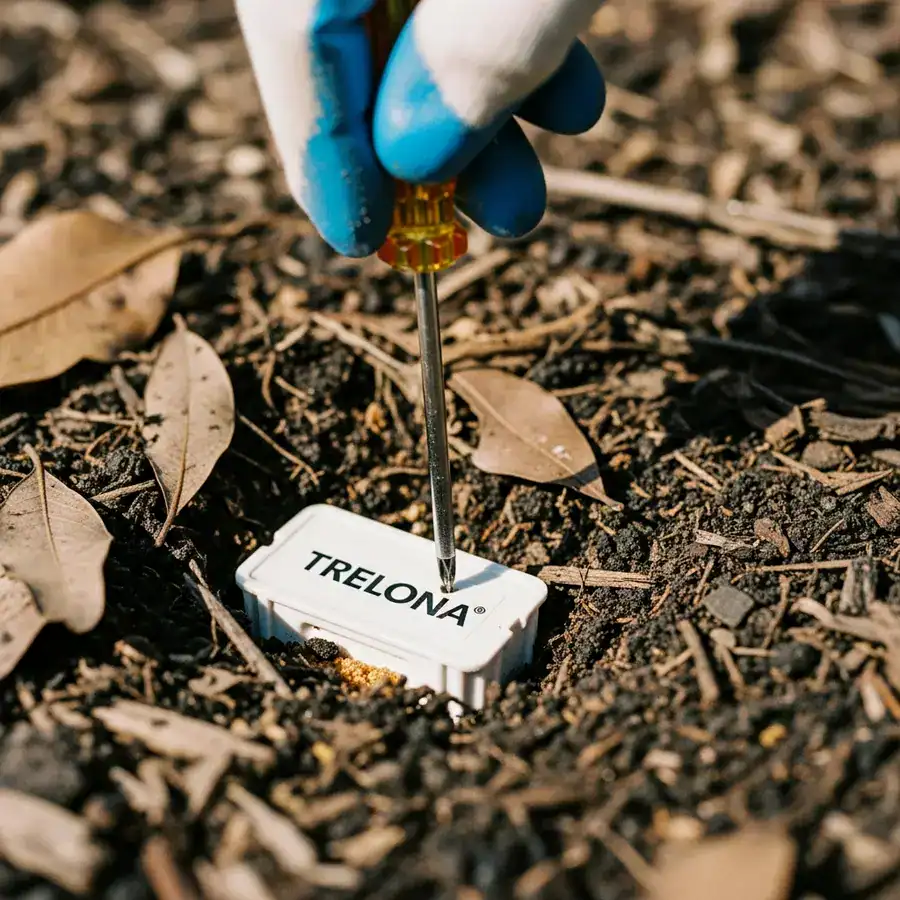 Close-up of a technician opening a termite bait station. Surrounded by mulch and soil in a residential garden.