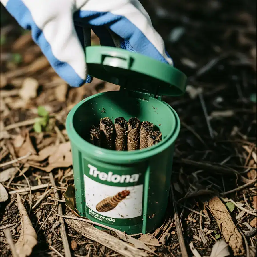 Close-up of bait station lid being opened showing chewed bait. Exterior dirt, damp leaves highlight outdoor install.
