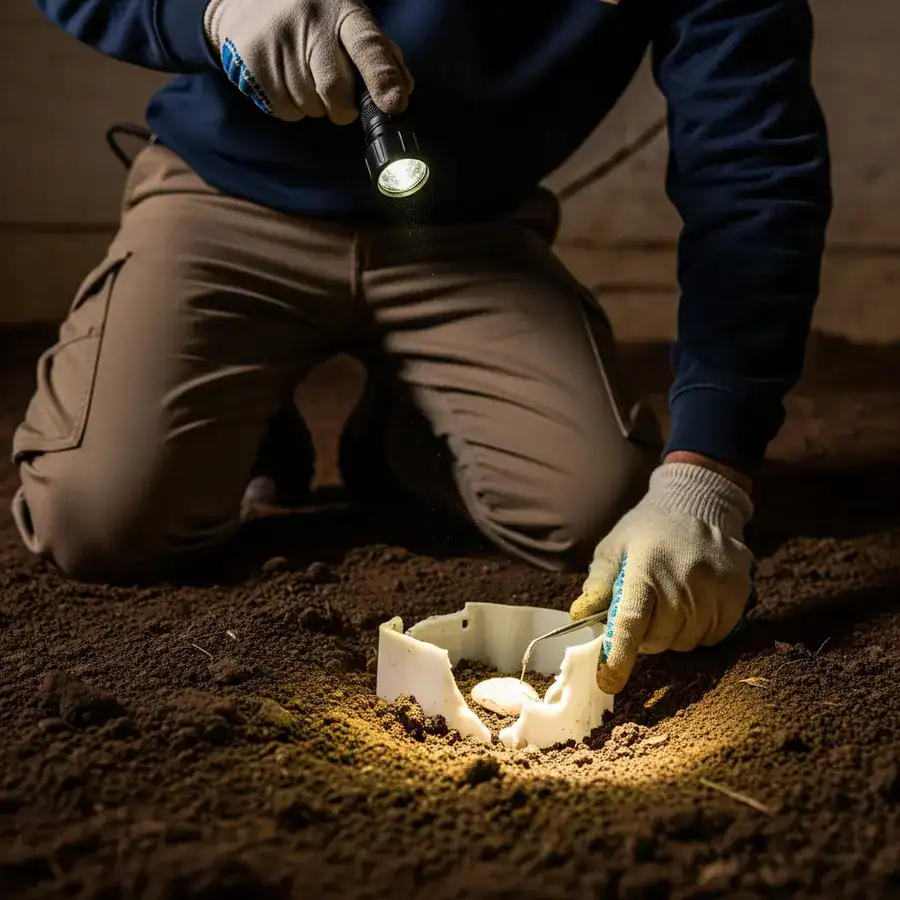 Close-up of bait station cracked open. Technician inspects it in a damp basement.