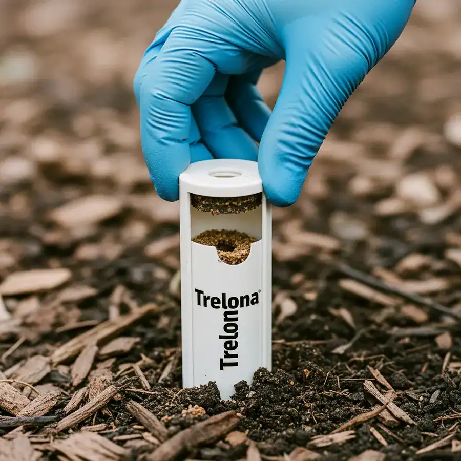 Close-up of bait station cap being removed, partially eaten bait visible, surrounded by mulch and damp soil.
